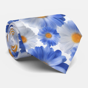 Gravata Padrão de aquarela de margarida branca azul