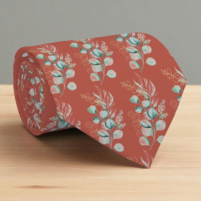 Gravata Padrão de Aquarela Terracotta Eucalyptus Greenery (Criador carregado)