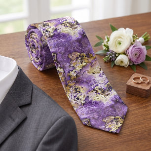 Gravata Padrão de Arte em Mármore Violeta Roxo Chic Dourad