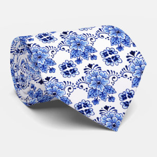 Gravata Padrão de Arte Floral Azul Delft Holandês Clássico