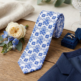 Gravata Padrão de Arte Floral Azul Delft Holandesa Clássic