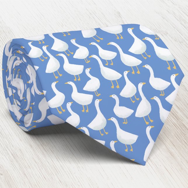 Gravata Padrão de Ave Ganso Azul (Blue and white geese goose pattern neck tie for farmers and bird lovers)