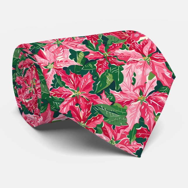 Gravata Padrão de Azevinho de Natal e Flor  (Rolled)