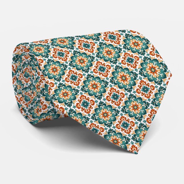 Gravata Padrão de Azulejo Floral Laranja, Teal e Branco (Rolled)