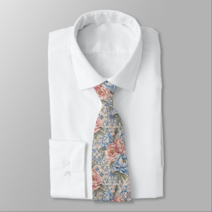 Gravata Padrão de Azulejos de Peônia Rosa Azul Floral Vint