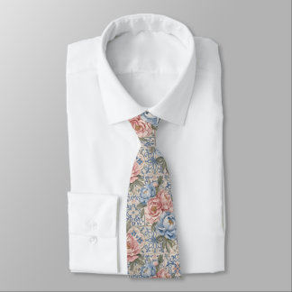 Gravata Padrão de Azulejos de Peônia Rosa Azul Floral Vint