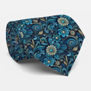 Gravata Padrão de azulejos florais em azul-turquesa elegan