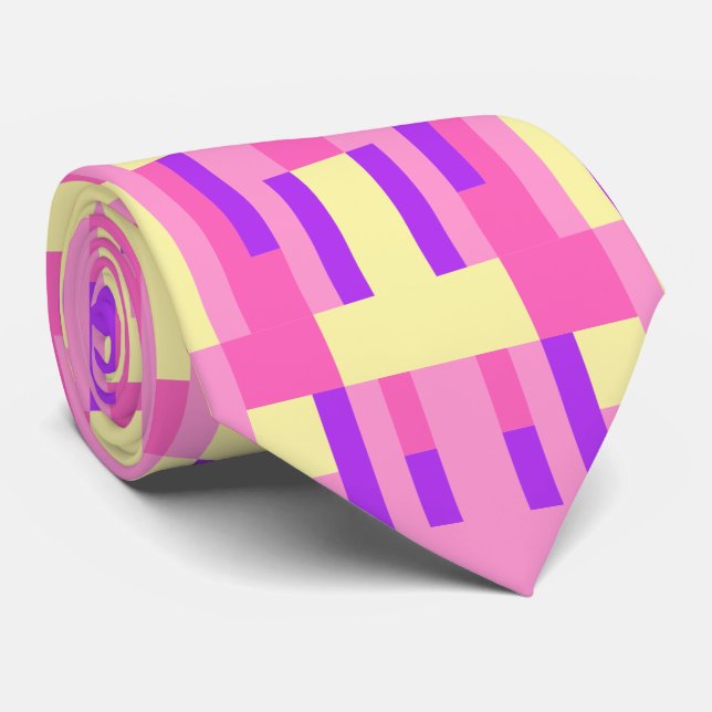 Gravata Padrão de Bloco Geométrico Pixel Rosa Pastel Roxo (Rolled)