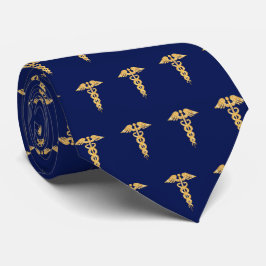 Gravata Padrão de Caduceu Dourado Elegante no Pescoço Azul