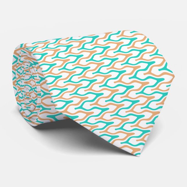 Gravata Padrão de Chevron Ondulado Azul Turquesa e Bege (Rolled)
