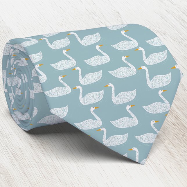 Gravata Padrão de Cisne em Verde Azul Claro (Swan pattern neck tie for wildlife, nature and bird lovers)