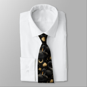 Gravata Padrão de Cisne Negro Místico e Lótus Dourado
