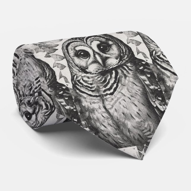 Gravata Padrão de Coruja Preto e Branco (Rolled)