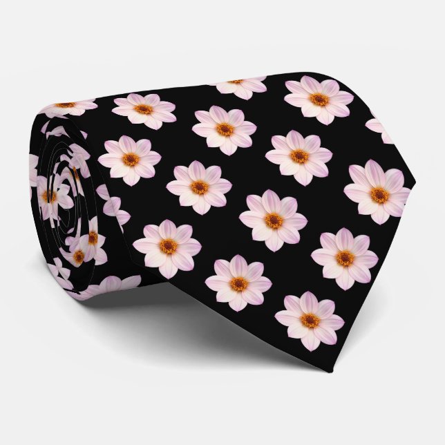 Gravata Padrão de Dália Rosa - Cor Completa em Preto (Rolled)