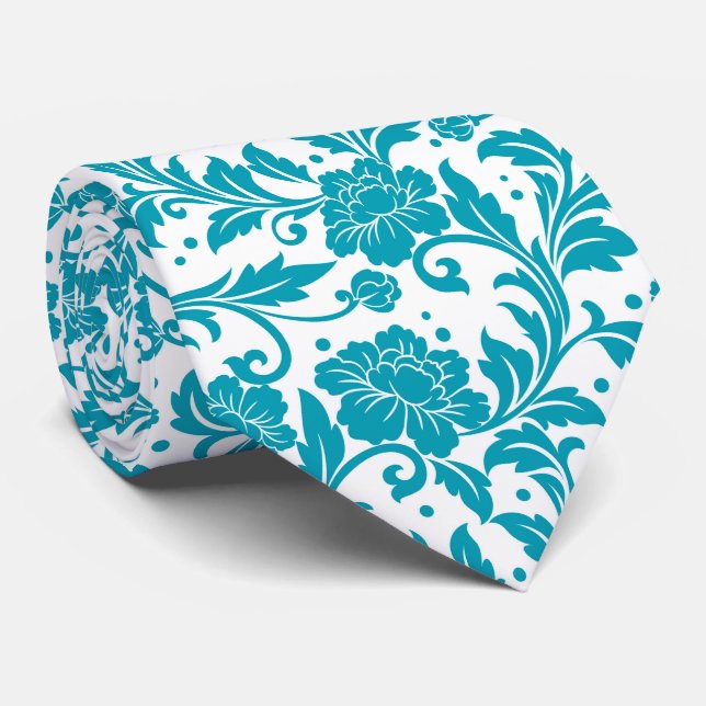 Gravata Padrão de Damasco Floral Turquesa e Branco (Rolled)