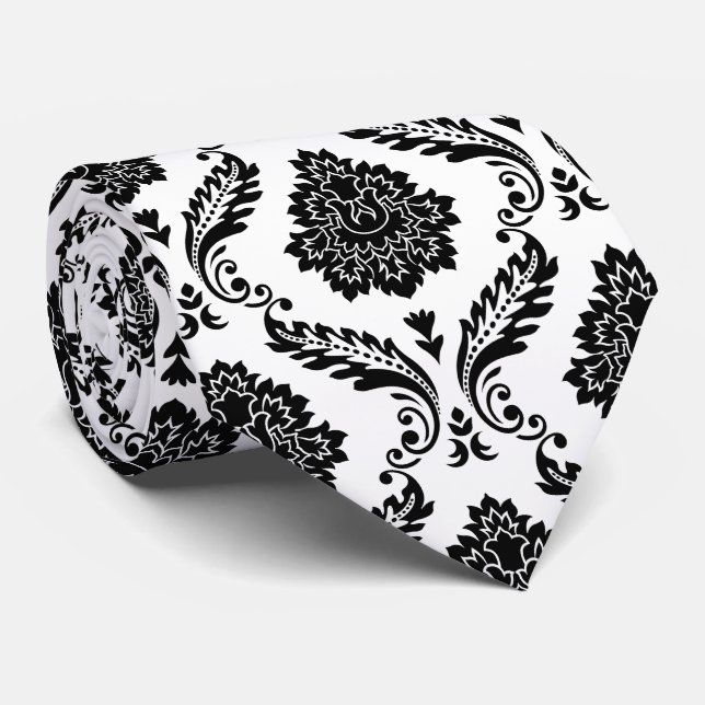 Gravata Padrão de Damasco Rococó Preto no Branco (Rolled)