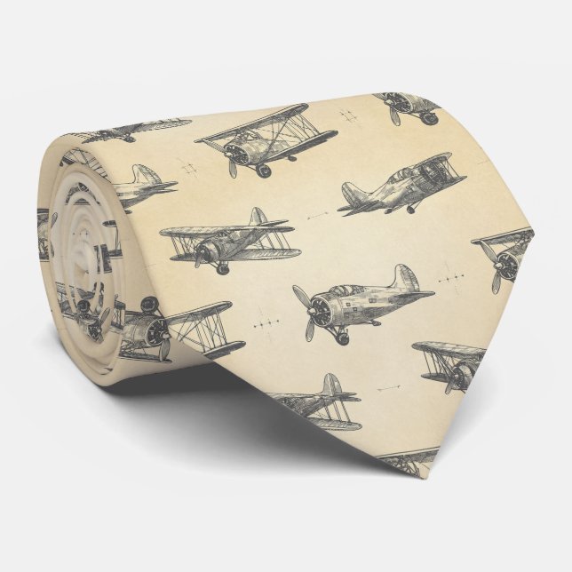 Gravata Padrão de Desenho de Avião Antigo (Rolled)