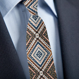 Gravata Padrão de Diamante Azul Dourado Creme Ferrugem