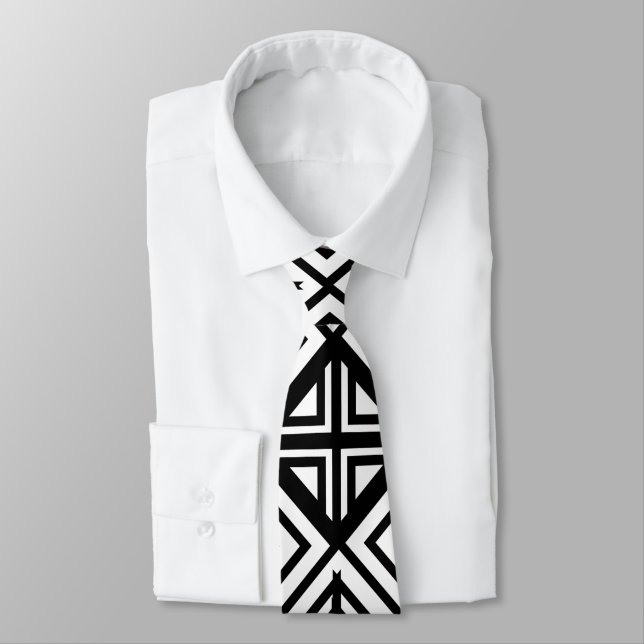 Gravata Padrão de diamante geométrico preto e branco   (Amarrado)