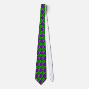 Gravata Padrão de Diamante Verde e Roxo Mardi Gras Tie