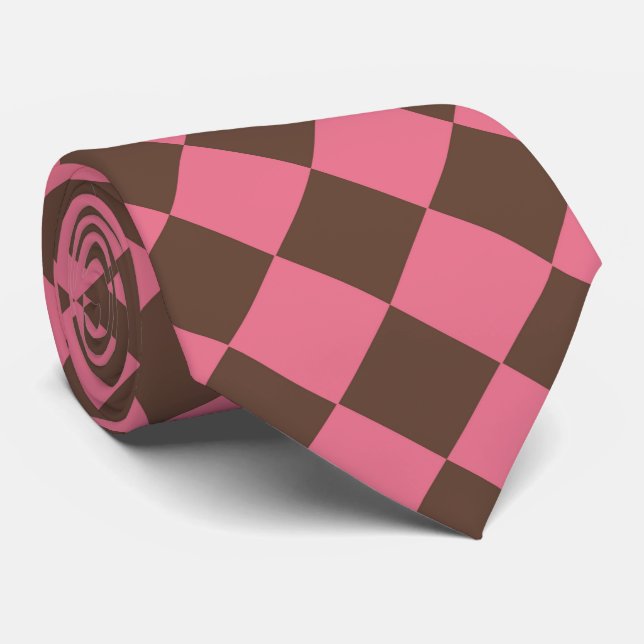 Gravata Padrão de Diamante Xadrez Rosa Marrom (Rolled)