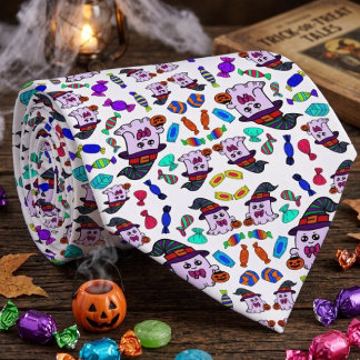 Gravata Padrão de Doces de Halloween Pastel e Fantasmas de