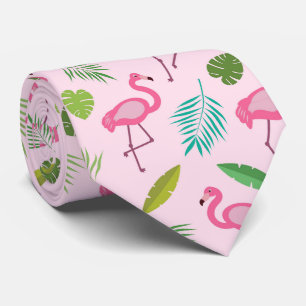 Gravata Padrão de Flamingo Rosa com folhas Tropicais