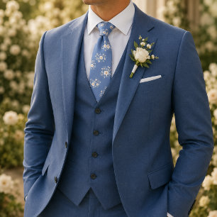 Gravata Padrão de Flor Branca Azul Céu Suave