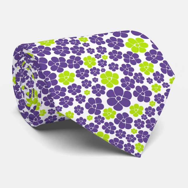 Gravata Padrão de Flor no Verde limão e Roxo (Rolled)