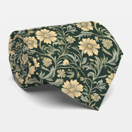 Gravata Padrão de flores amarelas estilizadas em verde esc