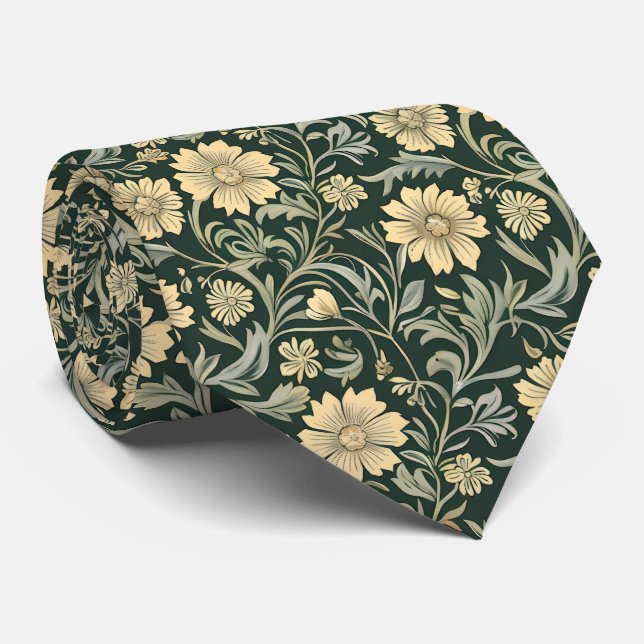 Gravata Padrão de flores amarelas estilizadas em verde esc (Rolled)