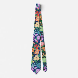 Gravata Padrão de Flores Arco-íris Azul Retro