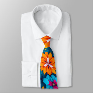 Gravata Padrão de Flores Azul e Laranja
