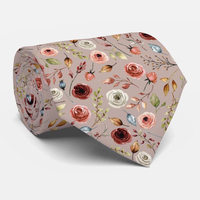 Gravata Padrão de Flores de Aquarela Terracotta (Rolled)