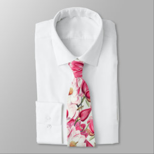 Gravata Padrão de Flores de Magnólia Rosa em Aquarela