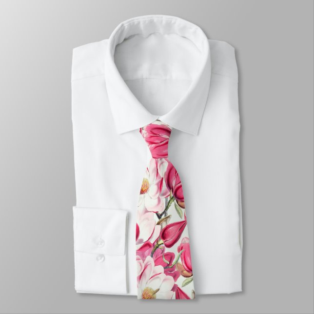 Gravata Padrão de Flores de Magnólia Rosa em Aquarela (Amarrado)