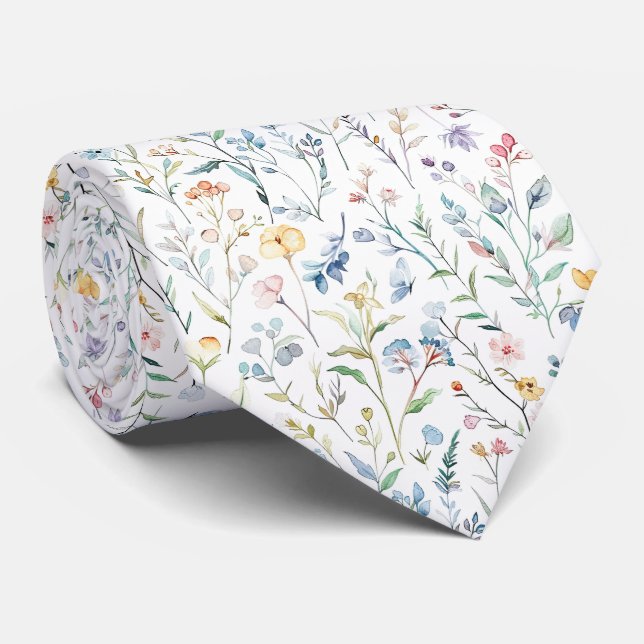 Gravata Padrão de Flores de Prado em Aquarela (Rolled)