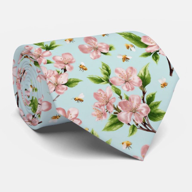 Gravata Padrão de Flores de Primavera e Abelhas (Rolled)