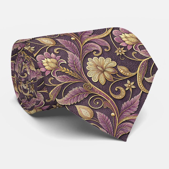 Gravata Padrão de Flores Relevo Roxo e Dourado (Rolled)