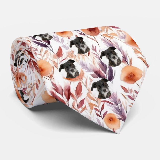 Gravata Padrão de Flores Secas com Foto de Cachorro de Est (Rolled)