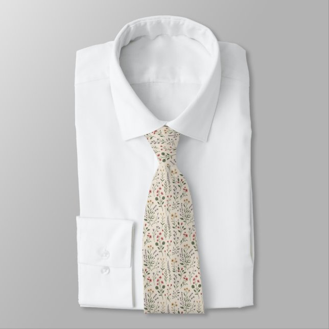 Gravata Padrão de Flores Silvestres Fundo Creme (Amarrado)