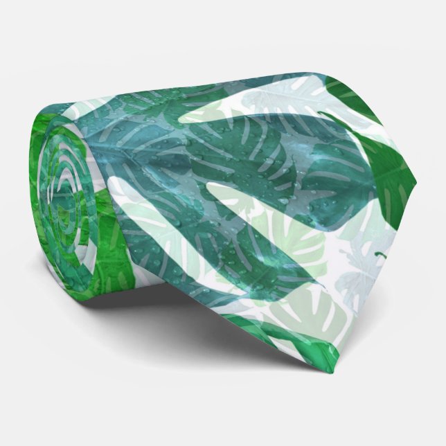 Gravata Padrão de Folhas de Palmeira Monstera Azul Verde T (Rolled)