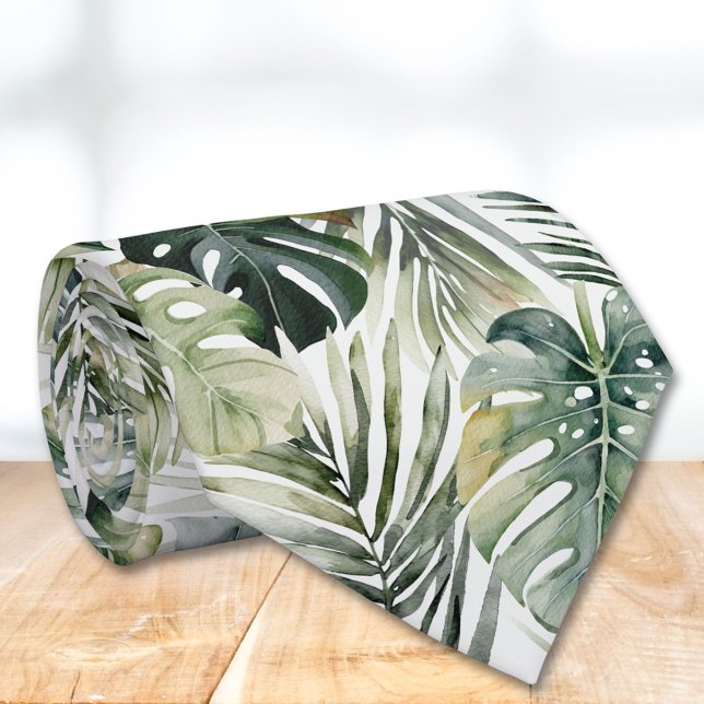 Gravata Padrão de Folhas Tropicais Verde de Aquarela (In situ)