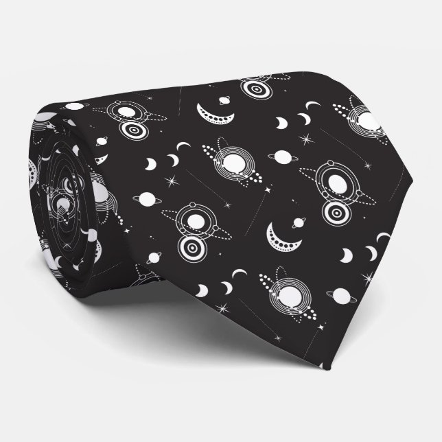 Gravata Padrão de galáxia lua sol celestial preto branco (Rolled)
