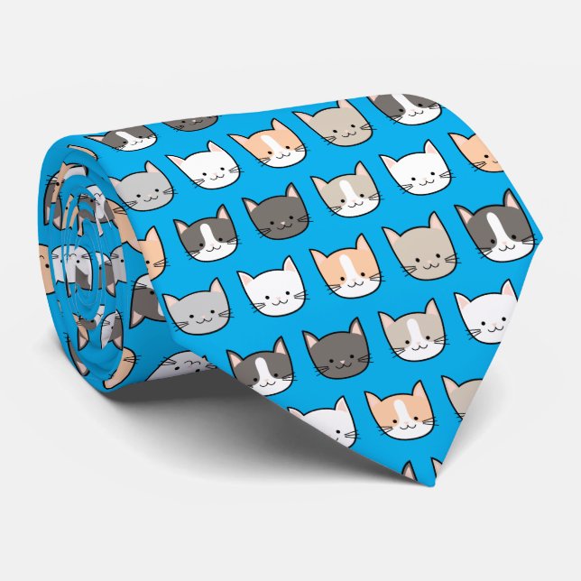 Gravata Padrão de Gatinho Fofo em Azul (Rolled)