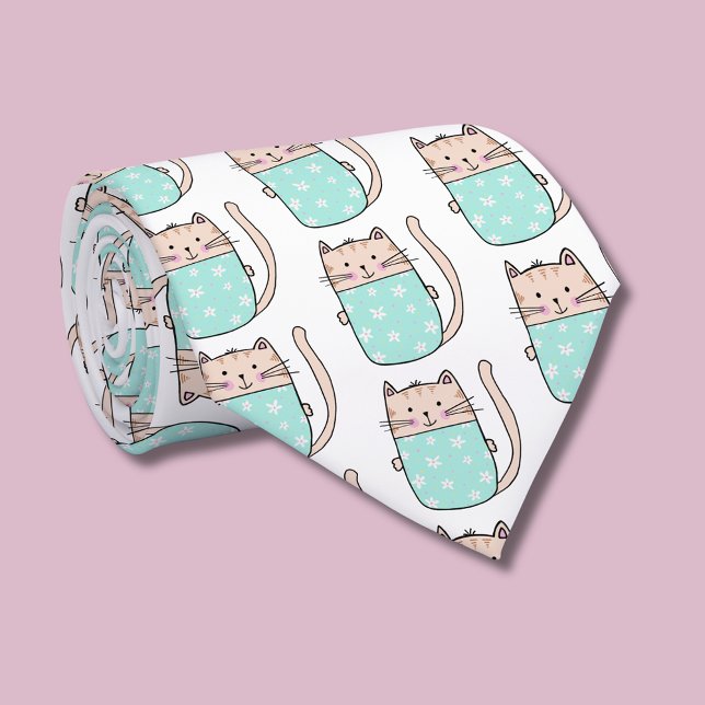 Gravata Padrão de Gato Floral Fofo (Cue kitty cat pattern animal lover tie)