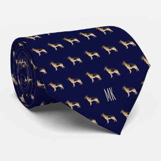 Gravata Padrão de German shepherd Elegante Azul Monograma
