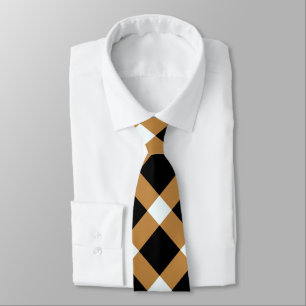 Gravata Padrão de Gingham Diagonal em Preto, Branco, Marro