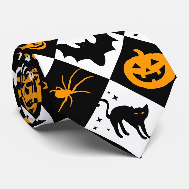 Gravata Padrão de Harlequin Laranja Negro Halloween (Rolled)