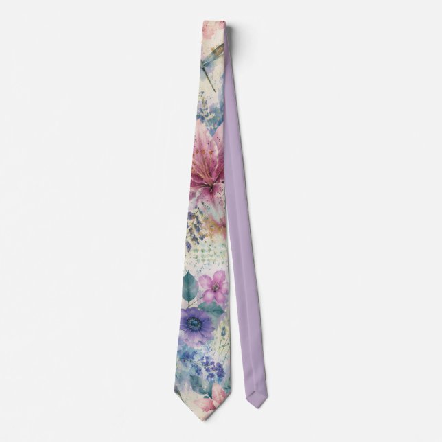 Gravata Padrão de Libélula Floral em Aquarela (Frente)